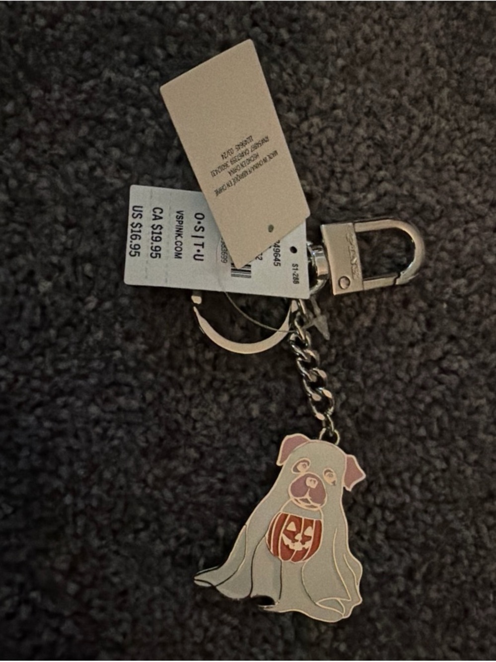PINK Victoria's Secret Silver & Pink Ghost Dog Keychain with Pumpkin